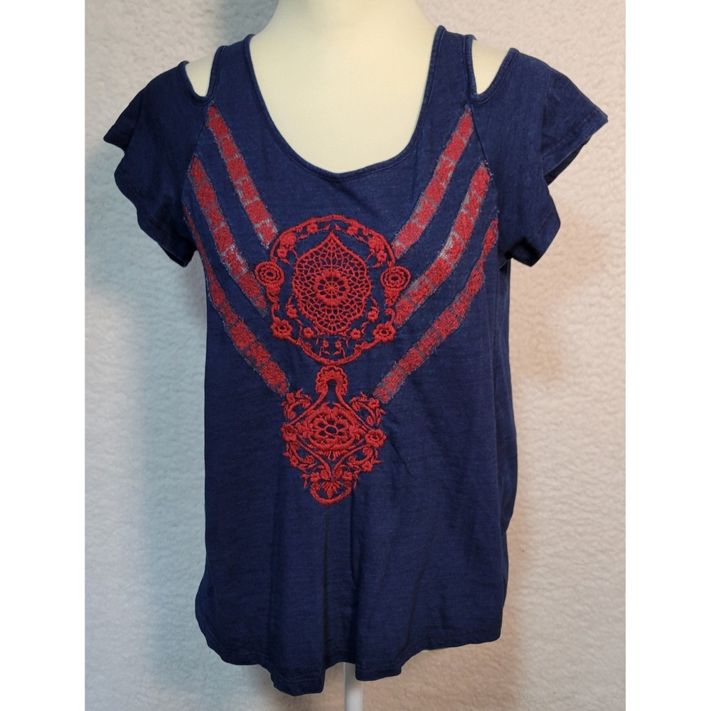 Lucky Brand Open Shoulder Top Blouse Size M Women's Embroidered Boho 1905